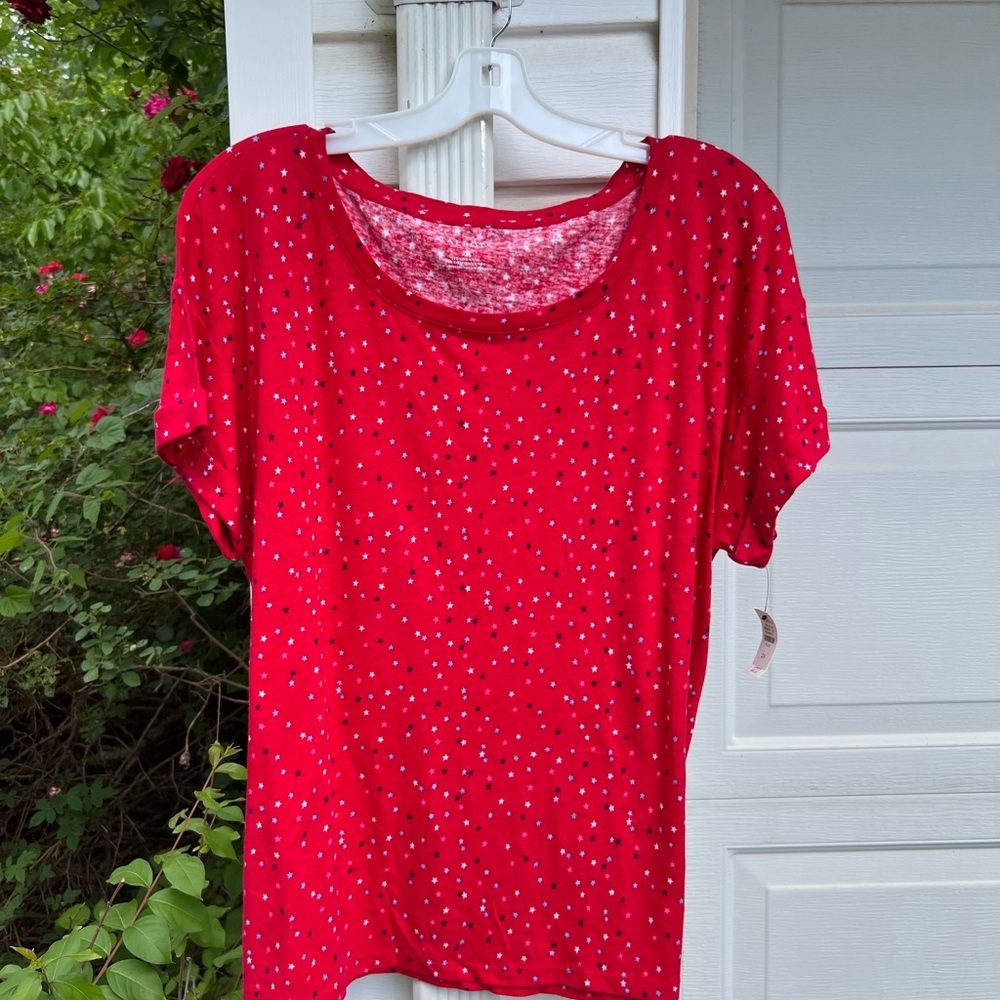 NWT Talbots Pretty Red Tiny Multicolored Stars Short Sleeve Top